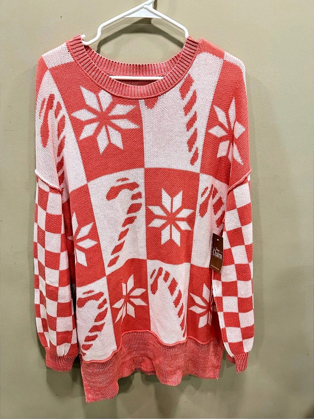 Coral & White Holiday Sweater NWT